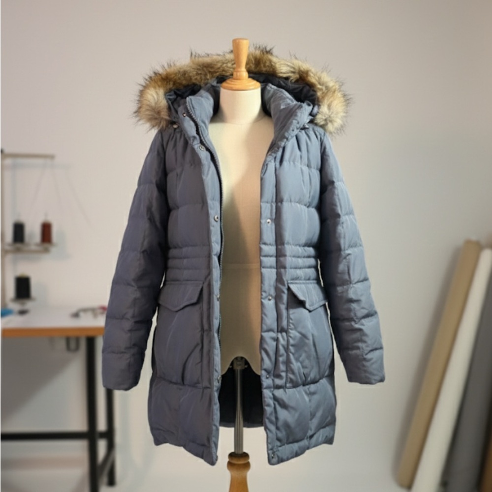 Eddie Bauer Women's Blue Puffer Coat with Faux Fur Hood